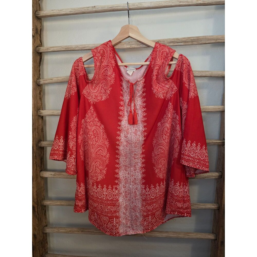Chico's Size 2 L Red Paisley Cold Shoulder Lace Tassel Boho Tunic Top
